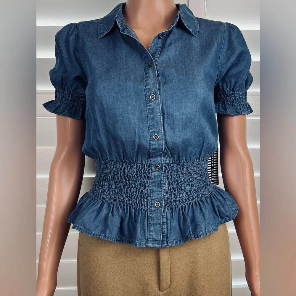 NWT- Chambray Smocked Blouse Sz S by Haute Monde - Picture 1 of 8